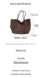 Detail view of pink leopard tote bag with dimensions 40x35x23cm and shoulder strap height
