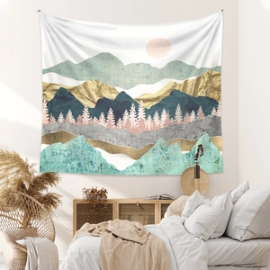 Böhmischer Wandteppich mit abstrakter Gebirgslandschaft, rosa Sonne und Kiefern