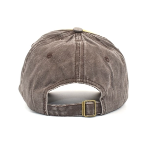 Detailed back view of vintage washed cotton baseball cap with adjustable copper buckle