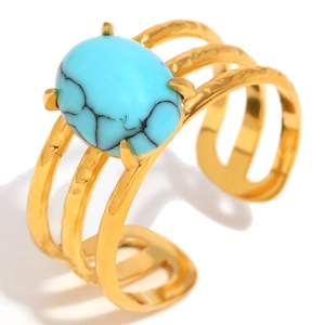 Double-layered 18K gold plated stainless steel ring featuring an oval turquoise gemstone