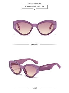 Detail of purple cat eye sunglasses featuring translucent frames and gradient lenses