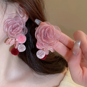 Pink lace flower earrings with soft plush pom poms and crystal beads for women