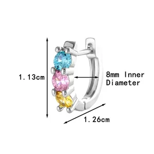 Silver hoop earrings with 8mm inner diameter featuring blue, pink, and yellow zircons