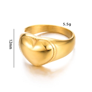 Detail view of gold heart ring showing dimensions 12mm and weight 5.5g on white background