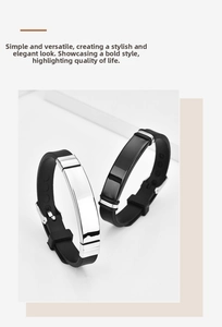Detail view of adjustable silicone bracelet with polished black and silver metal plates
