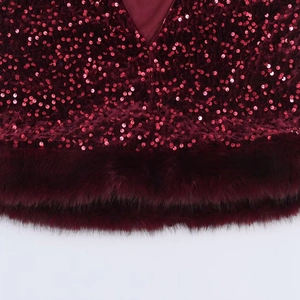 Sparkly burgundy sequin velvet top with luxury faux fur hem detail for women