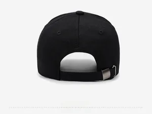 Rear view of black baseball cap featuring fine fabric texture and metal adjustment buckle