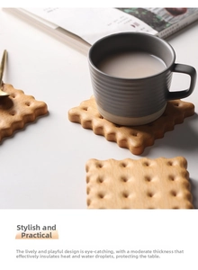 Macro shot of biscuit-shaped wooden coaster with natural grain and insulated design