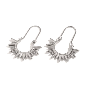 Detailed close-up of modern silver sunbeam earrings in polished stainless steel