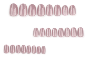 Detailed view of 24 pieces light purple cat eye press-on nails in various round sizes