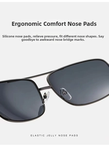 Detail of ergonomic silicone nose pads on men's square polarized sunglasses