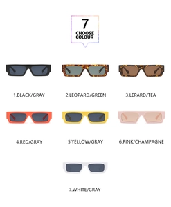 Detailed grid view showing seven trendy rectangular sunglasses colors for women
