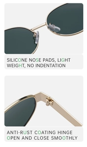 Detail of soft silicone nose pads and anti-rust metal hinges on gold round sunglasses