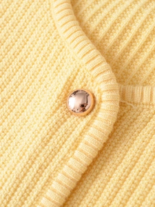 Close-up of rib-knit cardigan fabric with a rose gold hemispherical metal button