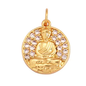 Detail view of 14mm gold-plated brass Buddha charm with white cubic zirconia inlay