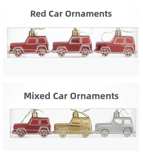 Detail view of red and mixed color car-shaped Christmas tree ornaments in boxes