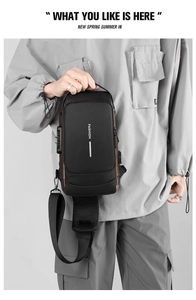 Detail of waterproof black crossbody chest bag with USB port and anti-theft combination lock