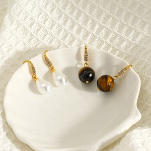 Elegant stainless steel drop earrings with micro-inlaid rhinestones, pearls and tiger eye beads