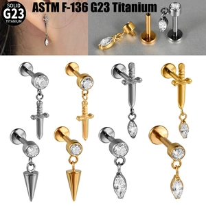 G23 Titanium Internal Thread Labret Stud Sword Dagger Cone Pendant Marquise Cubic Zirconia Cartilage Piercing Jewelry