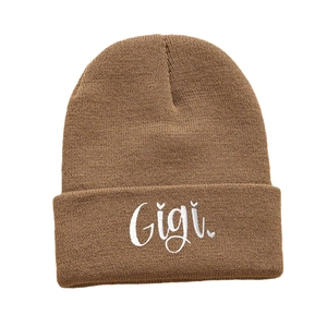 Unisex brown knit beanie with white Gigi embroidery for autumn and winter warmth