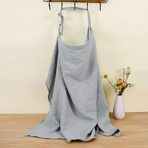 Detail view of grey cotton muslin nursing cover with adjustable neck strap and rigid neckline