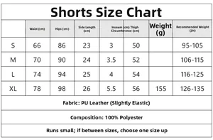 Tabella taglie per pantaloncini in ecopelle a vita alta con misure dettagliate in cm