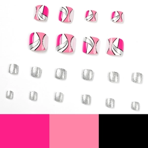 Faux ongles géométriques rose rouge et blanc avec paillettes argentées et forme carrée