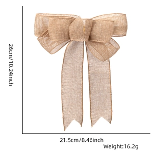 Detailed view of handmade jute burlap Christmas bow with size dimensions and weight info