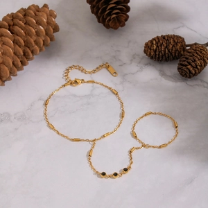 Minimalist Stainless Steel 18K Gold Plated Hand Chain Slave Bracelet With Black Zircon Finger Ring Accessory