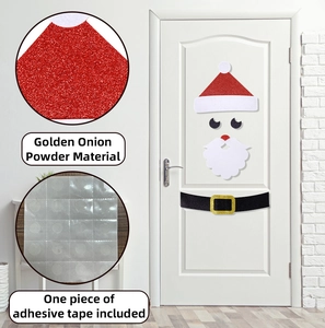 Detail of glittery Santa Claus door stickers with red hat and adhesive dots
