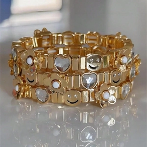 Gold-plated elastic bracelets with crystal hearts and smiley charms for women