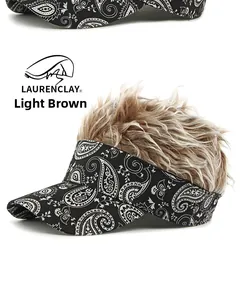 Detailed view of Light Coffee wig visor hat with classic white paisley pattern on black fabric