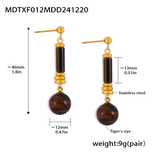 Detailed view of tiger's eye earrings with dimensions and 18k gold-plated steel finish
