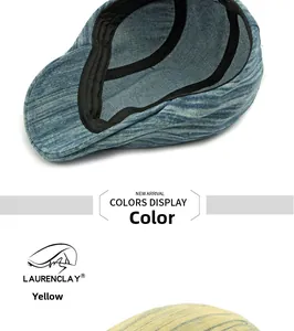 Détails de casquettes gavroche en denim délavé de couleur bleu marine et jaune clair