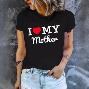 T-Shirt Femme En Coton À Manches Courtes Col Rond Imprimé Fête Des Mères Haut Décontracté I Love My Mother