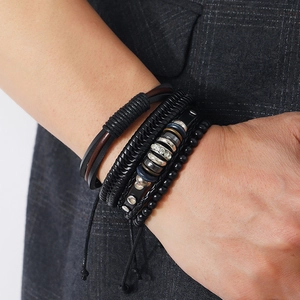 Set of 4 black woven leather multilayer bracelets with beads and adjustable drawstrings