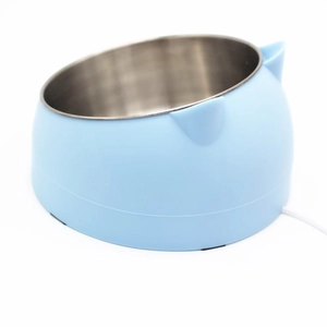 Ergonomic tilted stainless steel double pet bowl for cats and dogs with blue plastic base