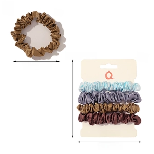 Detail showing high-quality satin scrunchies in four classic colors with dimensions