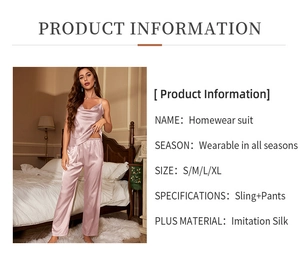 Infographic showing pink silk-like homewear suit with sling top and long pants