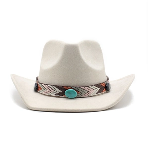 Detailed view of bohemian cowboy hat with geometric woven band and turquoise stone