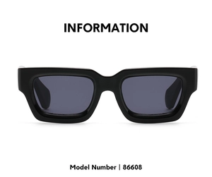 Detail view of model 86608 small rectangular sunglasses with thick black frames