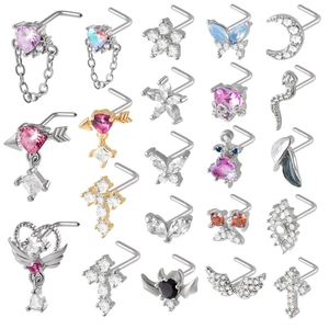 Stainless Steel Nose Studs Cubic Zirconia Heart Butterfly Moon L-Shaped Bar Piercing Body Jewelry Fashion For Men Women