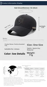 Größentabelle für schnelltrocknende Baseballkappe mit detaillierten Maßen und Passform