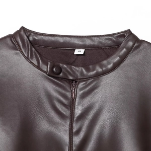 Short sleeve brown PU leather dress neck detail with silver snap and zipper closure