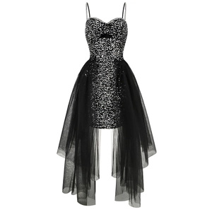 Detailed view of black sequined corset dress featuring a detachable tulle tiered skirt