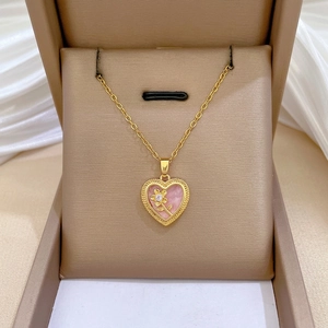 Heart Pendant Necklace For Women Stainless Steel Chain Gold Plated Copper Pendant Pink Enamel Flower Zirconia Sweet Jewelry