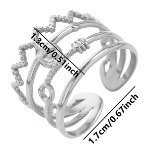 Front view of multi-layer silver stainless steel ring with wave patterns and open design