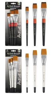 Detailed set of three wooden flat artist brushes with nylon bristles and silver ferrules