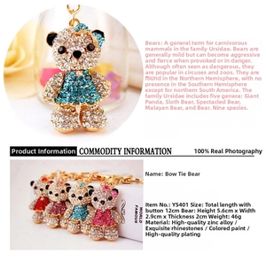 Detail of rhinestone teddy bear keychain with bow and high-quality zinc alloy finish