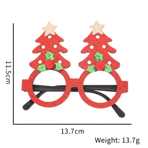 Christmas tree glasses detail with red glitter frame and 13.7g weight specifications